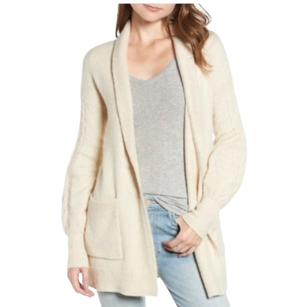 Anthropologie Hinge Cream Cable Knit Detail Shawl Collar Longline Cardigan - M
